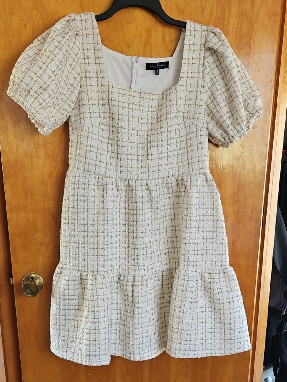 Simply Southern Cream & Gold Tweed Puff Sleeve Dress